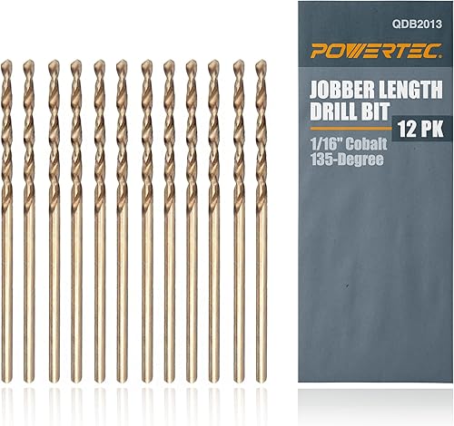 POWERTEC Brocas de cobalto de 116 pulgadas, paquete de 12 unidades, 1-34 pulgadas de longitud, brocas M35 HSS Jobber con punta de 135 para perforar