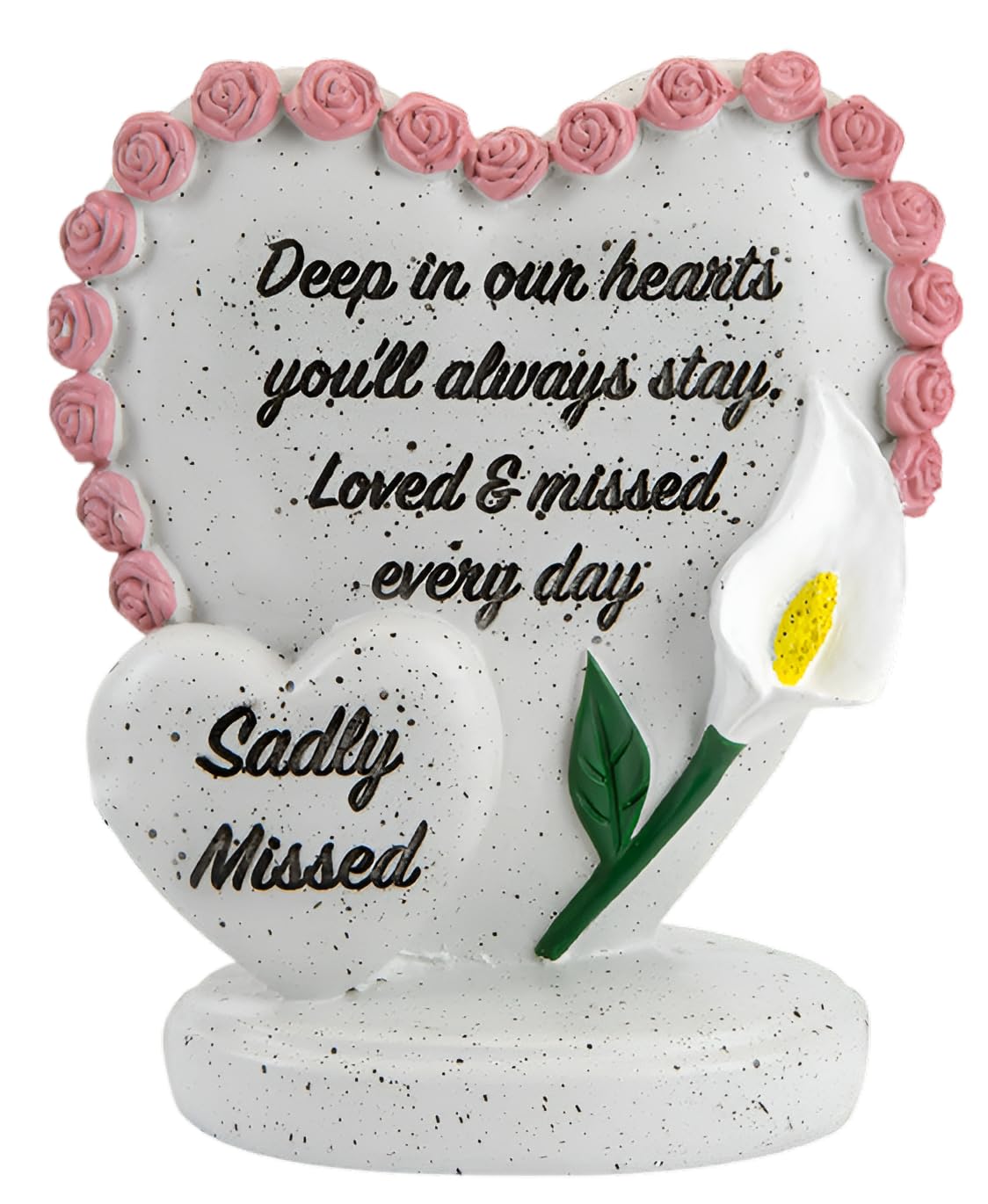 Quickdraw Supplies Grave Ornament Memorial Double Heart for Mum Dad Nan Grandad – Sadly Missed Headstone Decoration with Pink Roses & White Lily, Stone Effect Graveside Tribute Keepsake