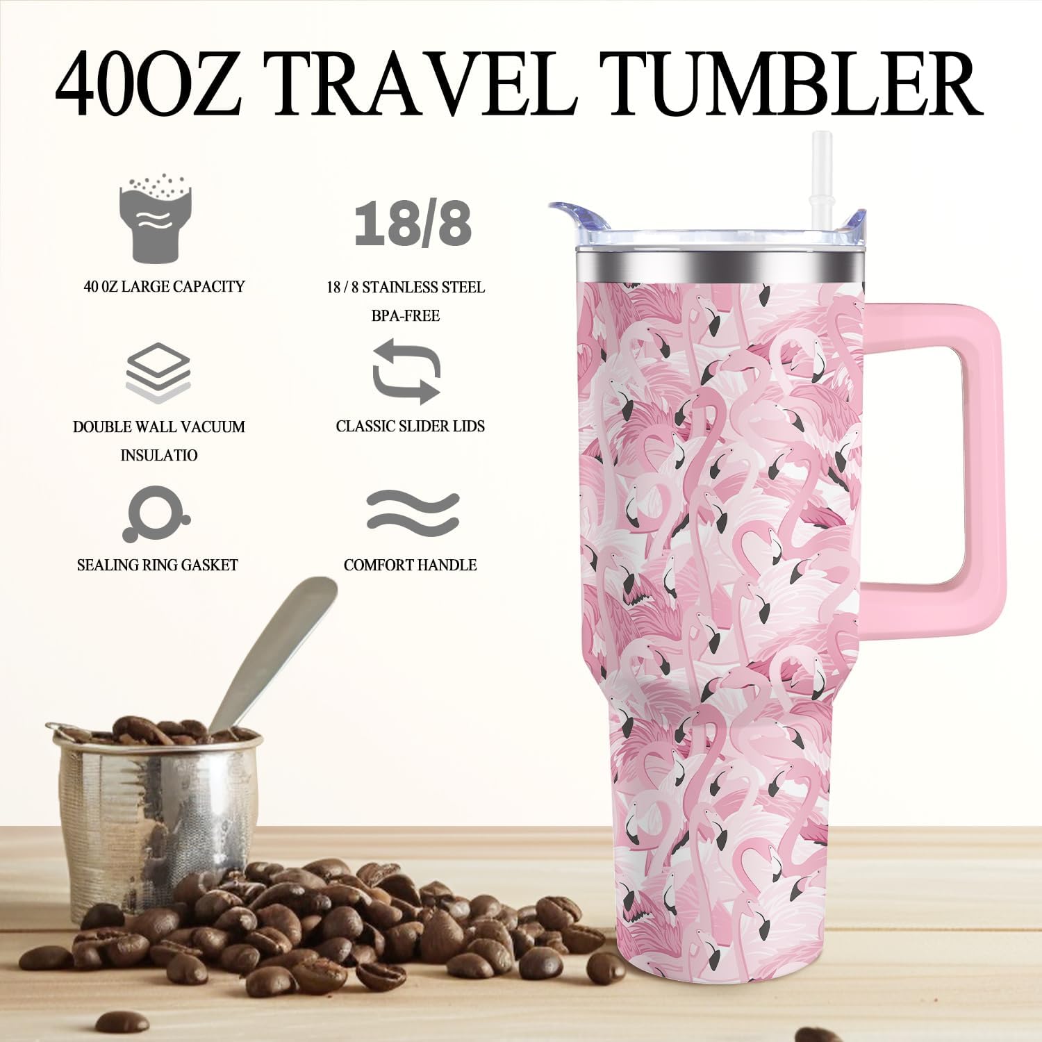 OccuPied Flamingo Tumbler with Handle Pink Flamingo Gifts for Women 40oz Flamingo Cup Stainless Steel Water Bottle Insulated Travel Coffee Mug with Lid and Straw - Image 2