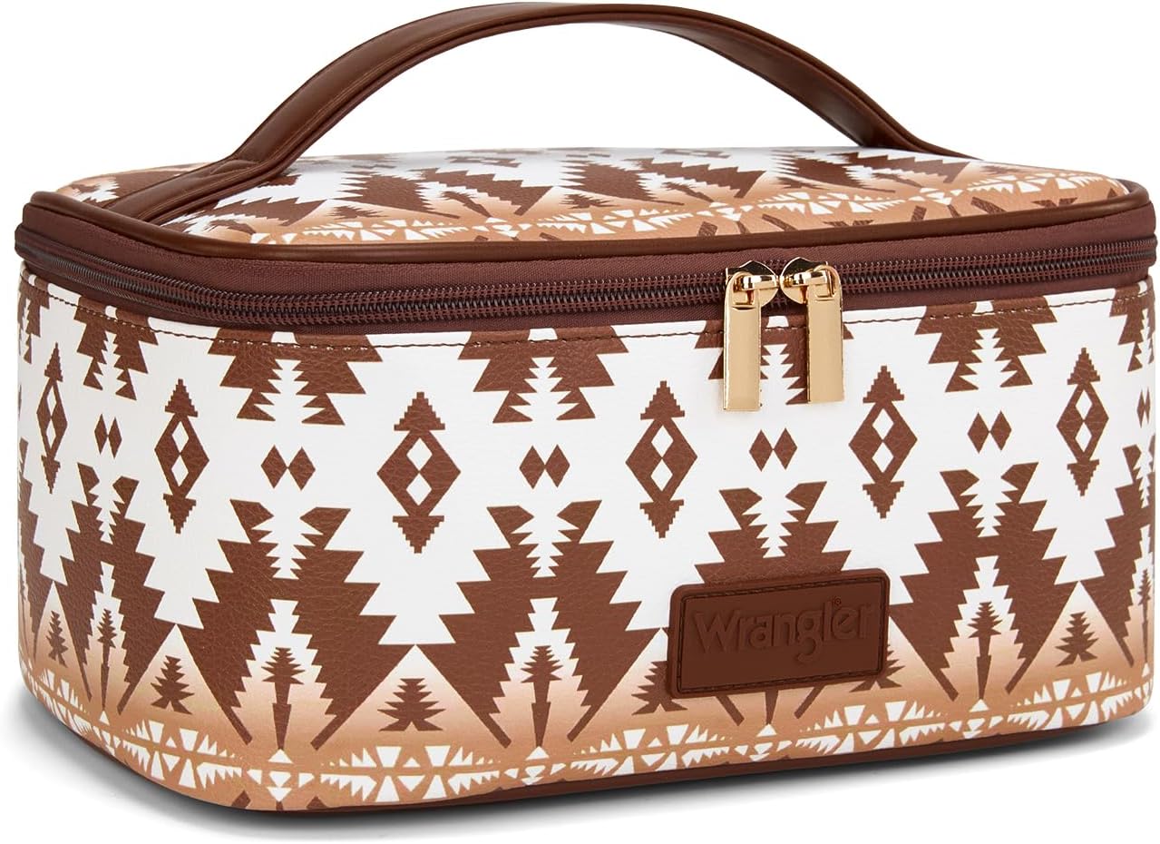 Montana West X Wrangler Travel Makeup Bag 2pcs Set Large Cosmetic Bag with Makeup Brush Holder Portable Make Up Organizer Cute Toiletry Bag with Divider and Handle for Women Aztec