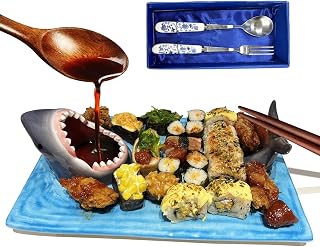 Shark Sushi Plate Ceramic Cute Japanese Blue Hand Painted Dinner Party Plates Food Safe Materials Soy Sauce Dumpling Bowl with Birthday Plates Suitable for Microwave(Chopsticks and Spoon Set)