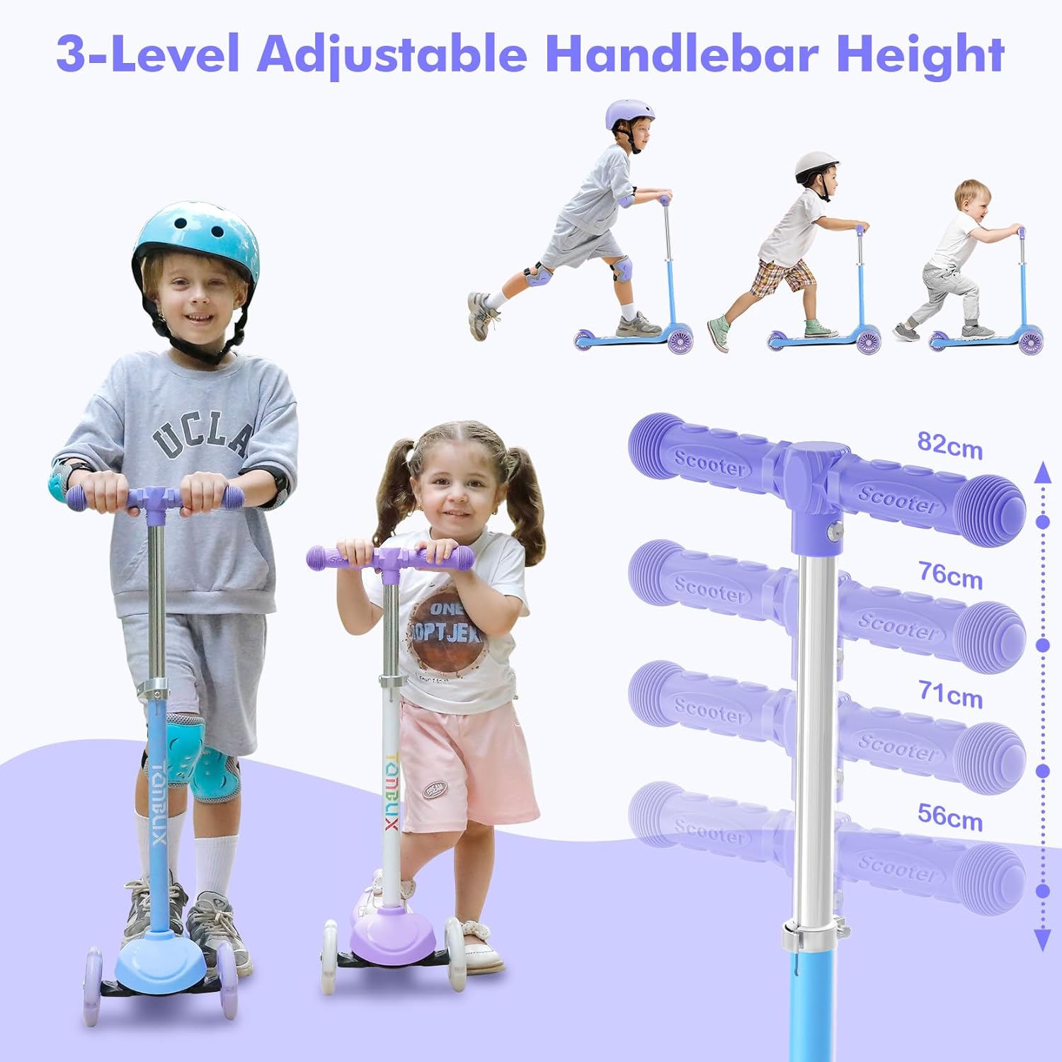 TONBUX Kids Scooter for Ages 3-8, Toddler Scooter with Light-Up Wheels, Adjustable 4-Level Height 3-Wheel Scooters for Kids, Lean-to-Steer Design