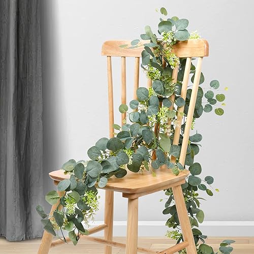 Vista 4 de SOMYTING Guirnalda de eucalipto artificial, 4 paquetes de enredaderas de eucalipto sintético, vides falsas para decoración de habitaciones, hojas