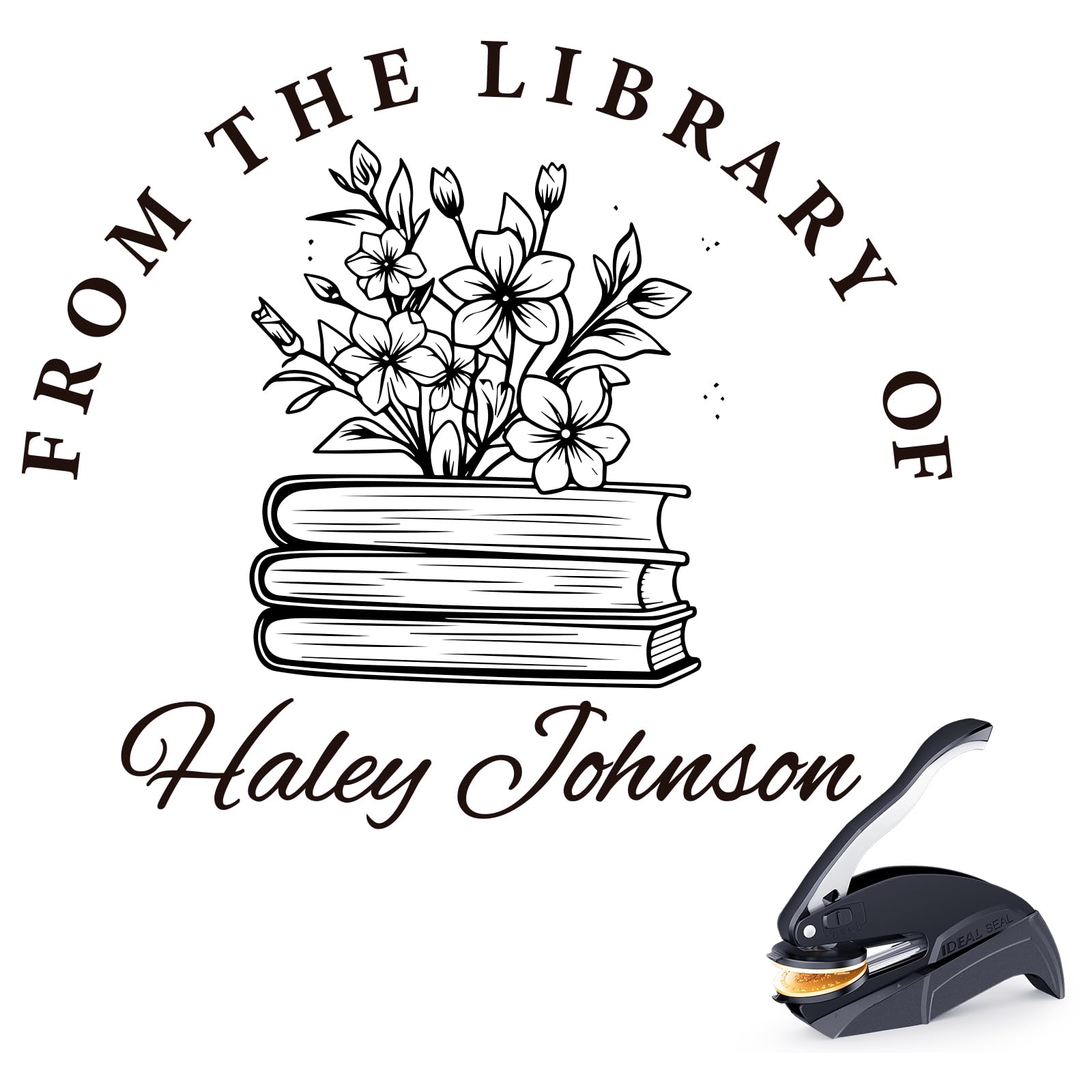 Book Custom Embosser - Personalized Library Stamp with Your Name, Customized Embosser Gifts for Book Lovers, Readers (Floral-07)