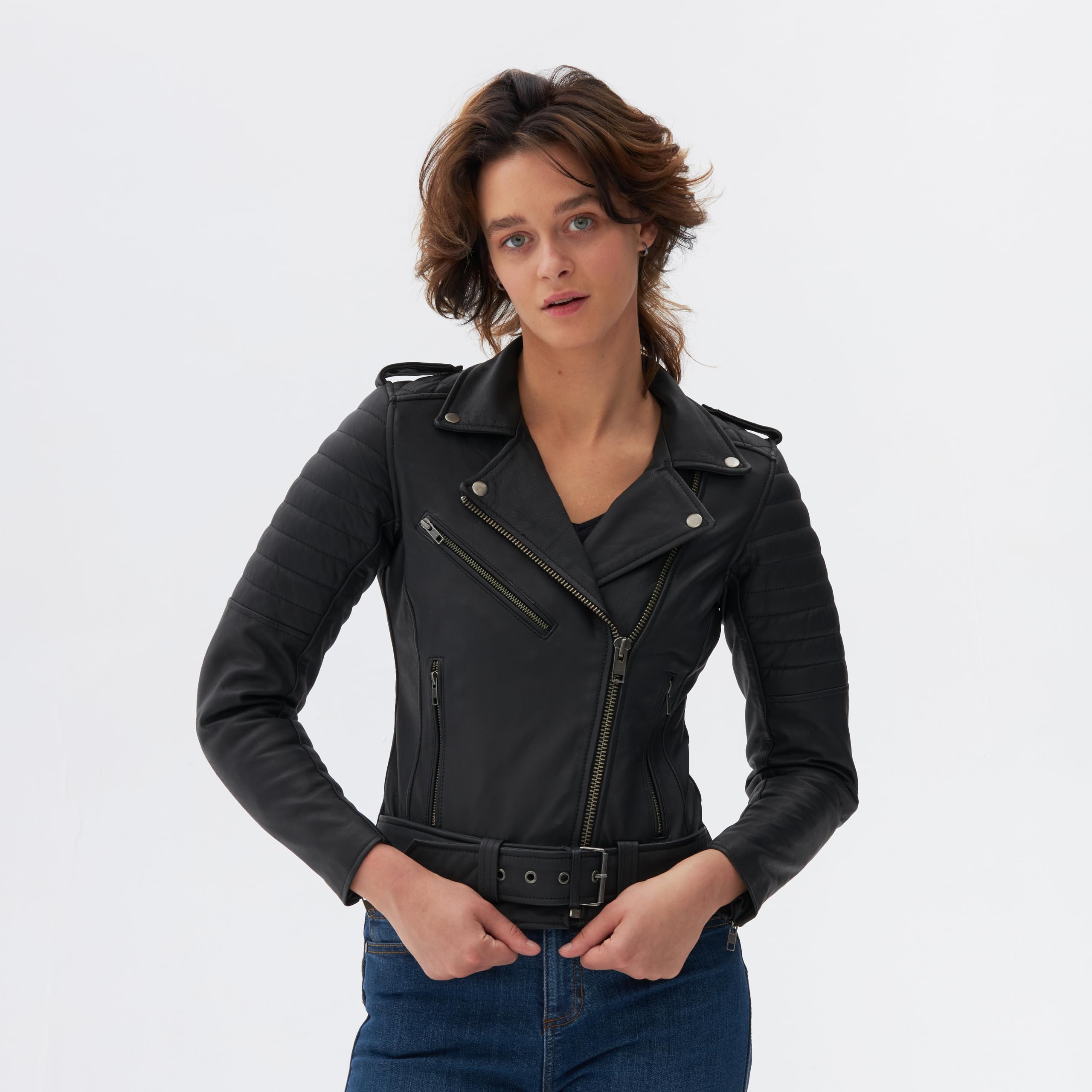 OZONE MOTO Modern Lady Motorradjacke Damen | Ziegenleder | Ellbogen und Schulterprotektoren Stufe 1 | Rückenprotektortasche | Moderner Retro Look | Größen bis 8XL