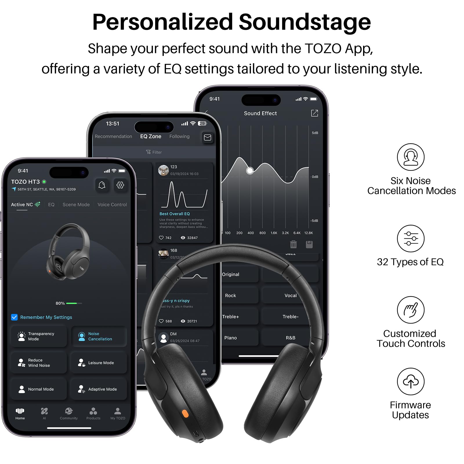 TOZO HT3 Hybrid Noise Cancelling Wireless Headphones, 90H Over Ear Headset view 6