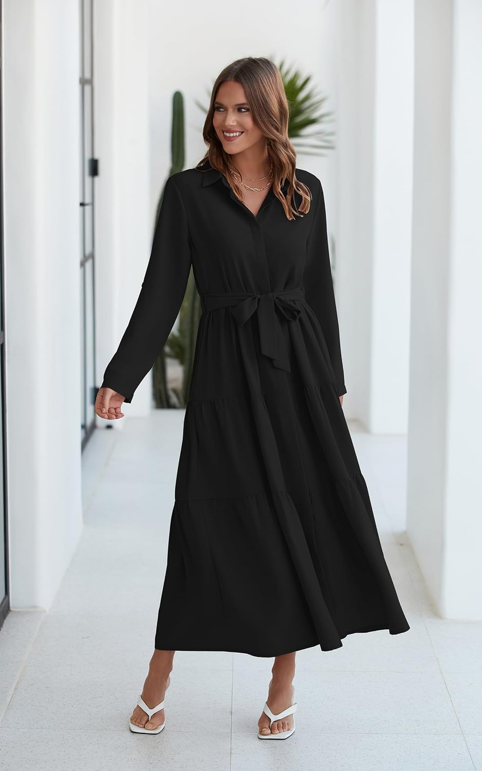 ECOWISH Women's Maxi Shirt Dress - 2026 Long Sleeve Button Casual Fall A-line Work Tiered Dresses with Belt and Pockets - Image 3