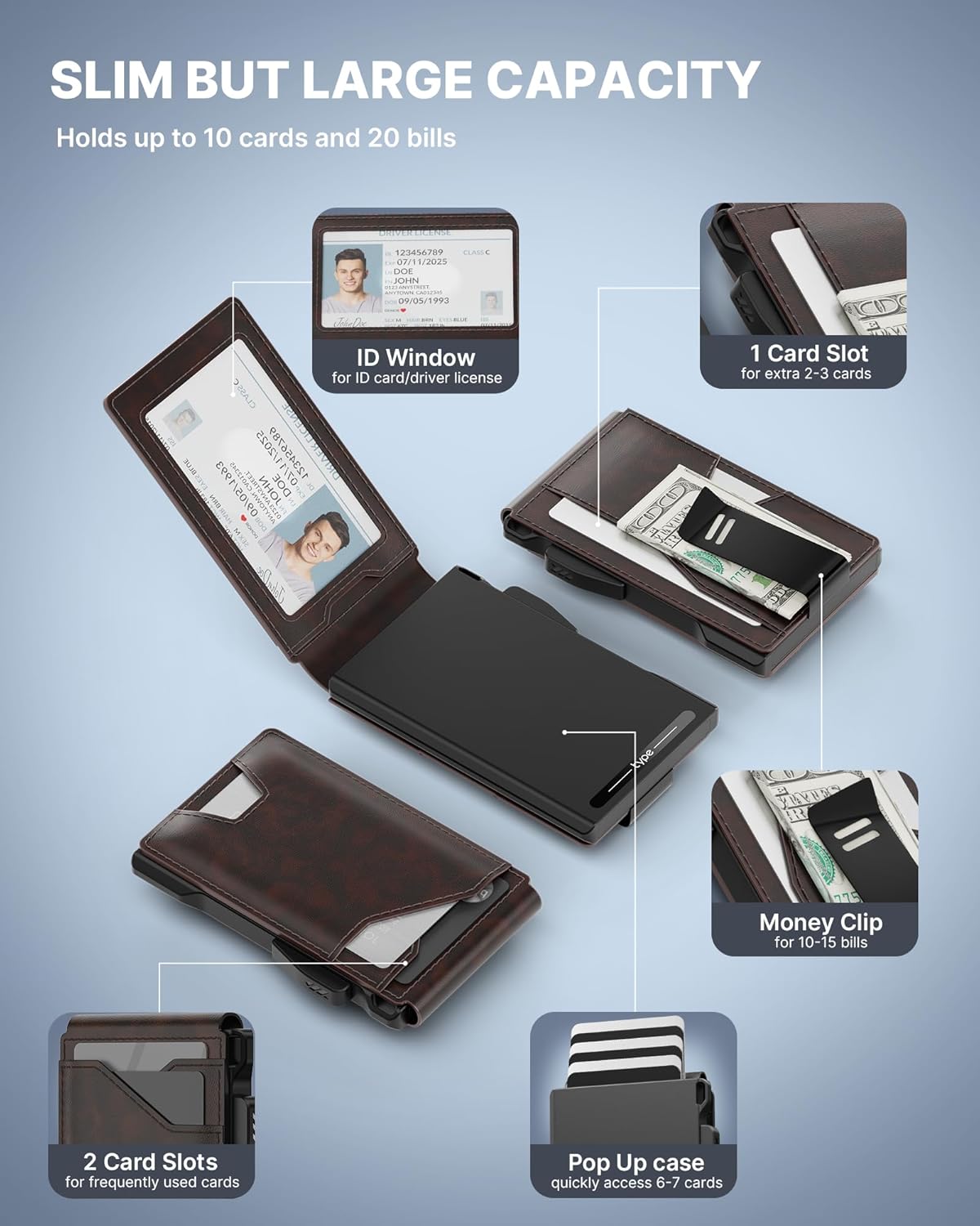 typecase Tactical Wallet for Men Card Holder: Pop Up Card Case, Genuine Leather, Smart, RFID Blocking, Slim, Minimalist, Thin, Front Pocket - 9-13 Card Capacitiy, ID Window, Money Clip (Deep Brown)