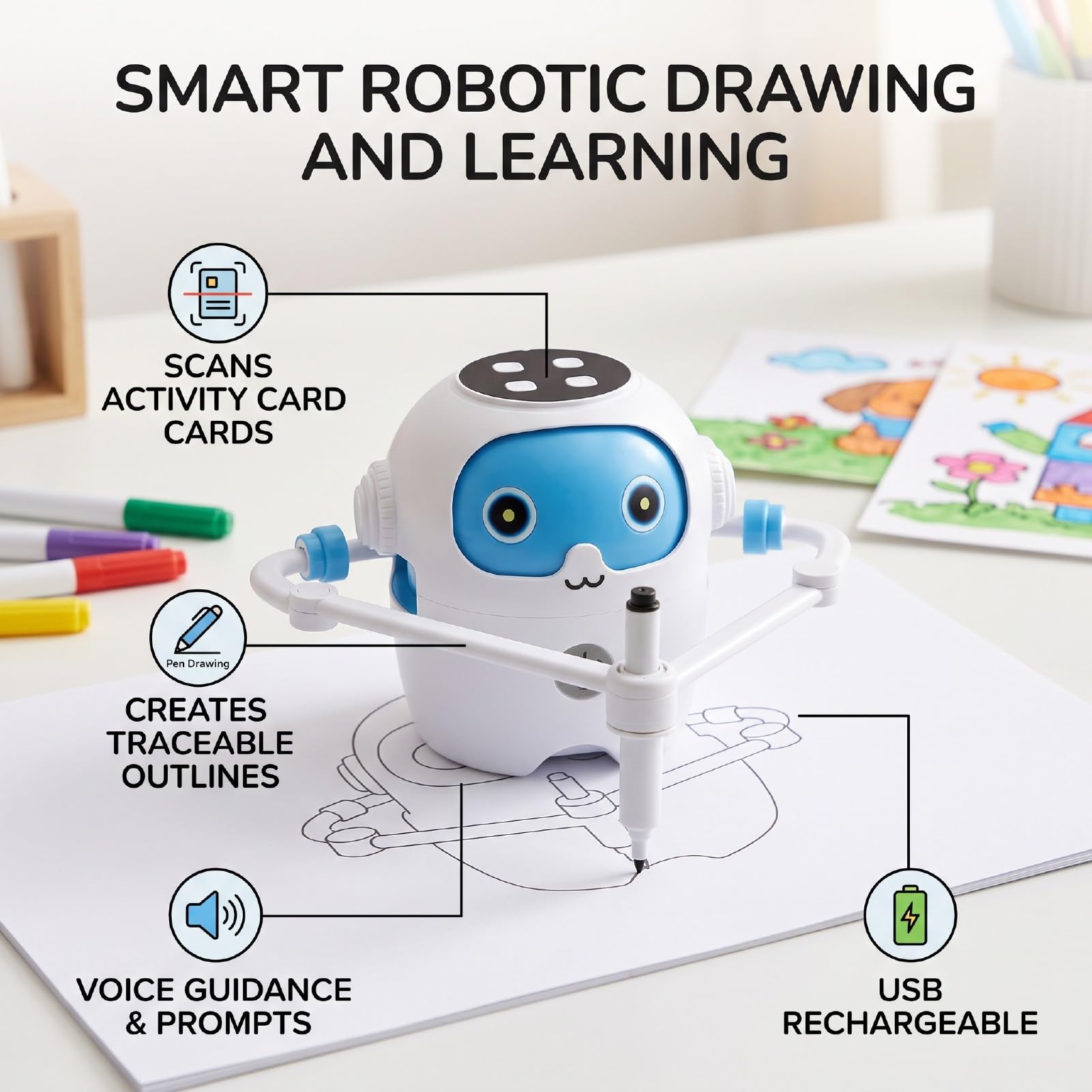 Robot de Dibujo, Juguete Educativo Inteligente para Pintar con Tarjetas y Bolígrafos de Colores para Niños y Niñas de 3 a 8 Años