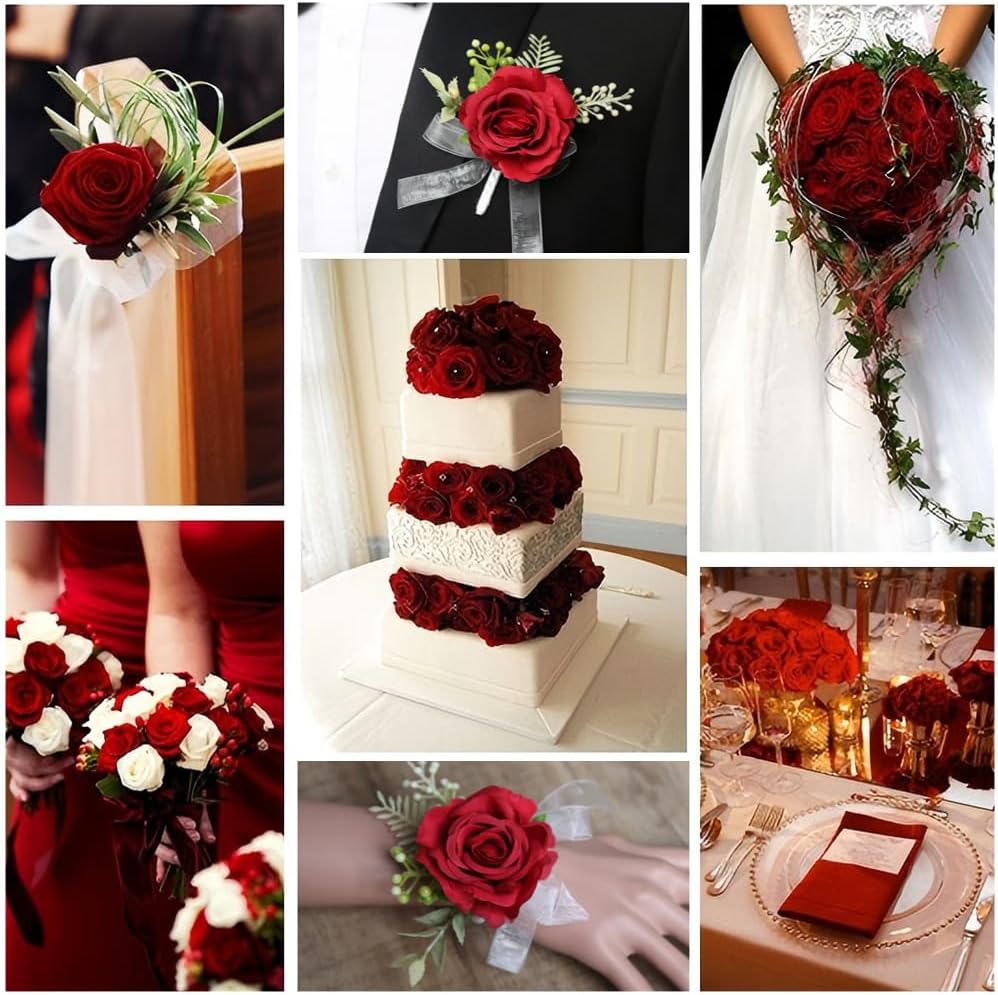 Artificial Roses 50 Pcs Velvet Silk Rose Real Touch Long Stem Fake Flowers in Bulk for Flower Arrangement Wedding Centerpieces Home Party Decor (Red)