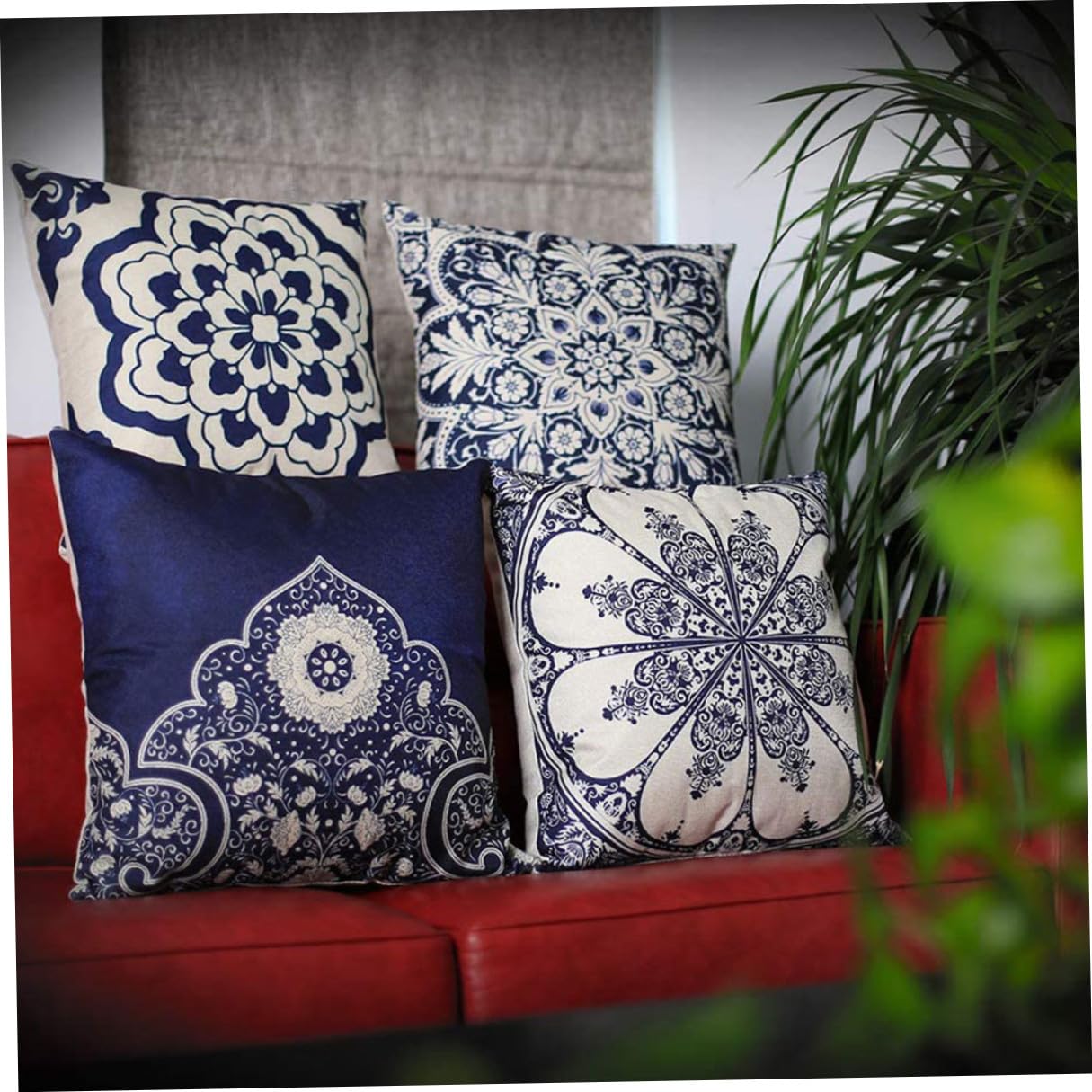 Baluue 4 pezzi Federe Cuscino Quadrate in Lino Cotone Copricuscini Divano Stile Cinese Floreale Ricamato Decorazione Casa Soggiorno Camera Ufficio
