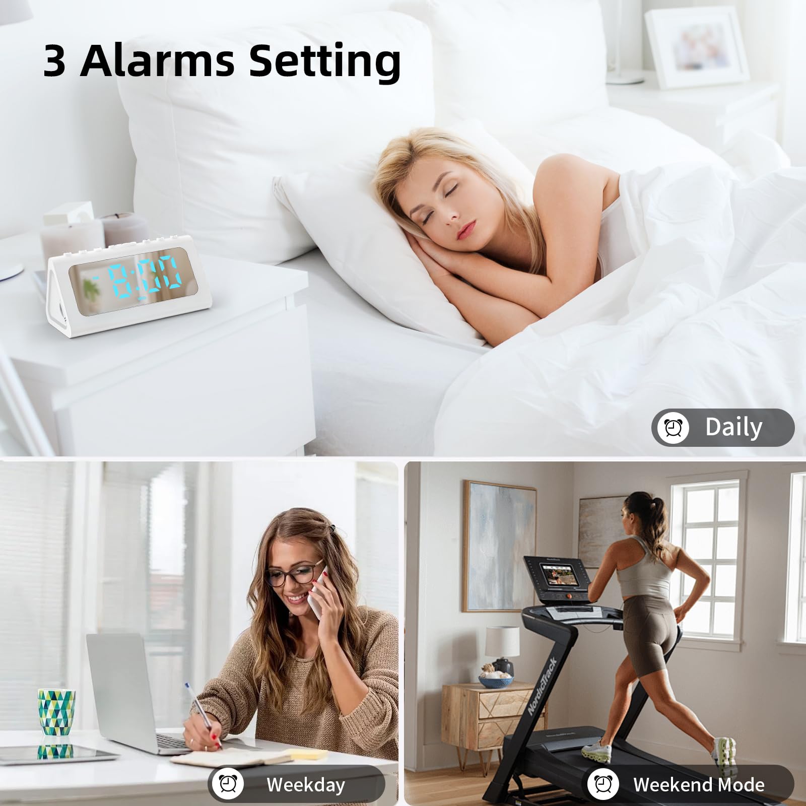 Cooluck Reloj despertador fuerte para dormitorios con sueño pesado, reloj digital junto a la noche con luz nocturna, alarma dual, sonidos naturales, volumen ajustable, regulador, modo diario/día de
