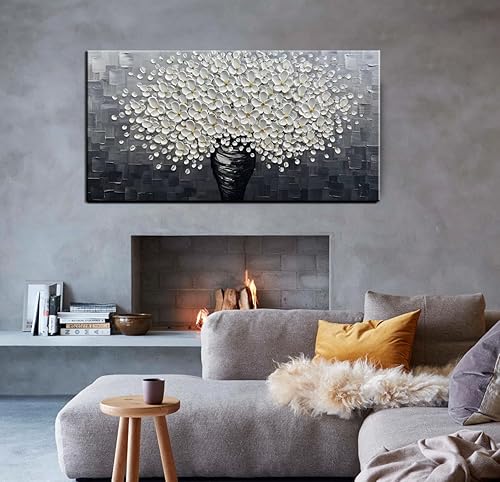 Miniatura 5 de YaSheng Art - Pintura al óleo de flores blancas sobre lienzo, textura gruesa 3D, florero floral blanco y negro, arte de pared, arte abstracto