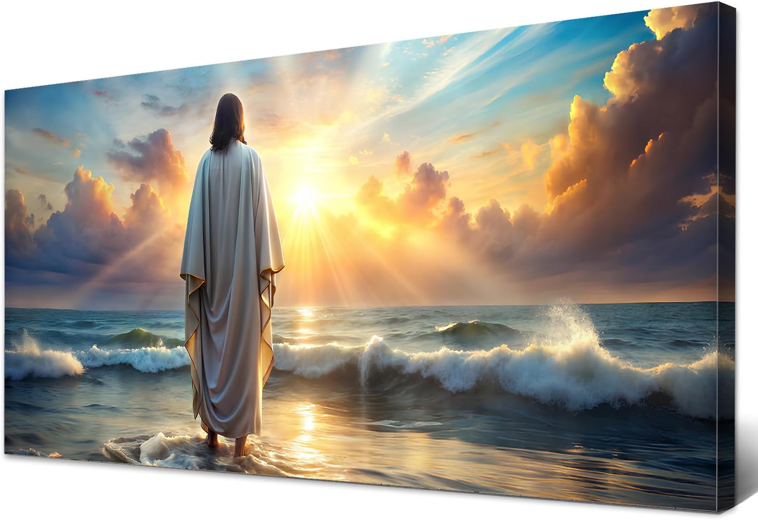 Jesus Walking on Water Wall Art Inspirational Biblical Wall Decor Jesus Walking on Sunset Ocean Picture Christian Religious Painting Decor Nature Beach Poster Artwork Church Home Decorations 20x40”