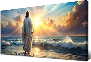 Jesus Walking on Water Canvas Wall Art for Living Room Inspirational Jesus Painting Wall Decor Christian Religious Picture Prints Sunset Ocean Beach Poster Artwork Office Bedroom Decoration 20x40”