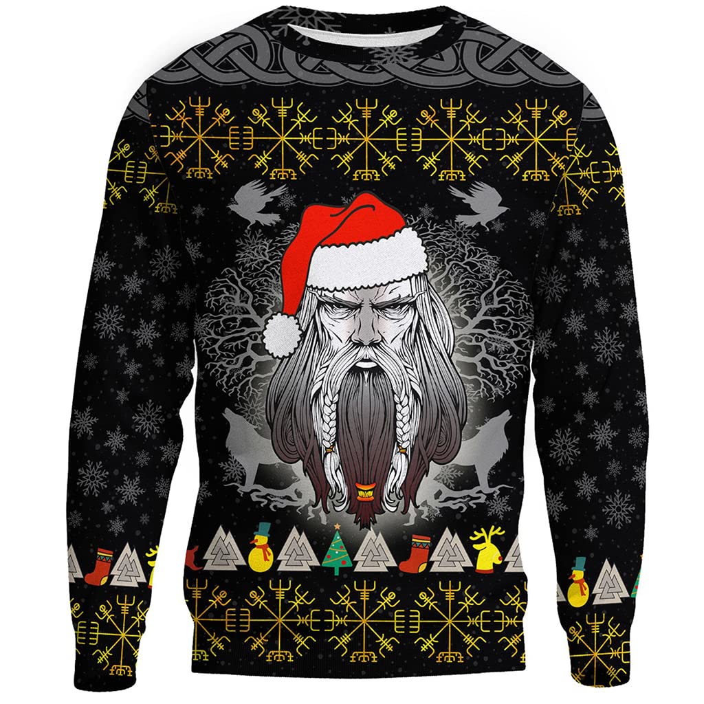 Christmas Viking Odin Crow Hoodie, 3D Printed Norse Mythology Fleece Sweatshirt Pullover Hoodies with Kanga Pocket,Sweatshirt,L