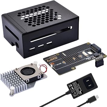 GeeekPi Metal Case and N04 PCIe M.2 Key-M NVMe SSD PCIe Peripheral Board for Raspberry Pi 5 Metal Case & Expansion Board & Active Cooling Fan & Power Supply