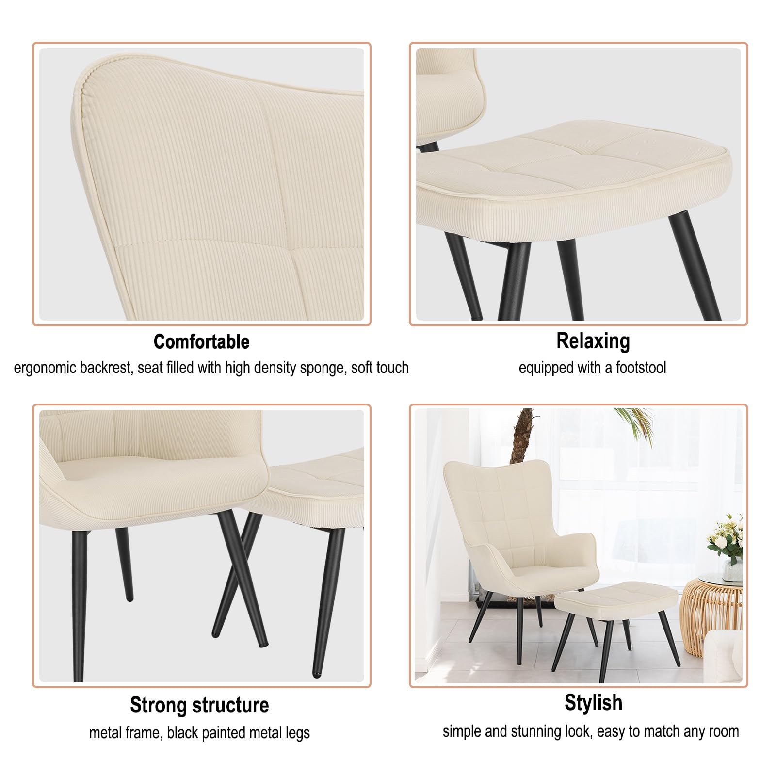 WOLTU Sillón de Relax con Reposapiés, Respaldo Alto, Blanco Crema | Salón con Taburete, Silla de Salón de Escritorio con Escabel, reposabrazos, patas de metal, Topes en Patas