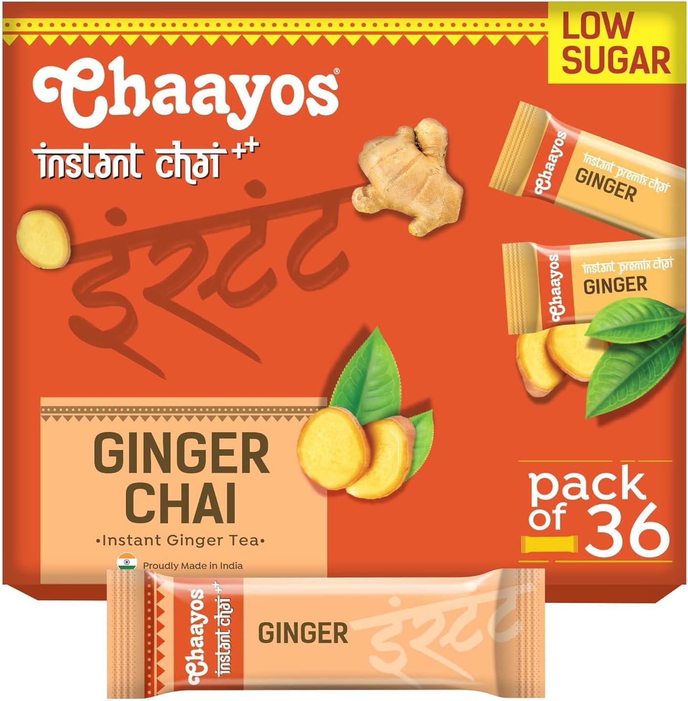 Chaayos Instant Tea Premix - Ginger Flavour - Low Sugar (8g * 36 sachet) (Makes 150ml), Ginger Tea, Premix Tea, Desi Chai