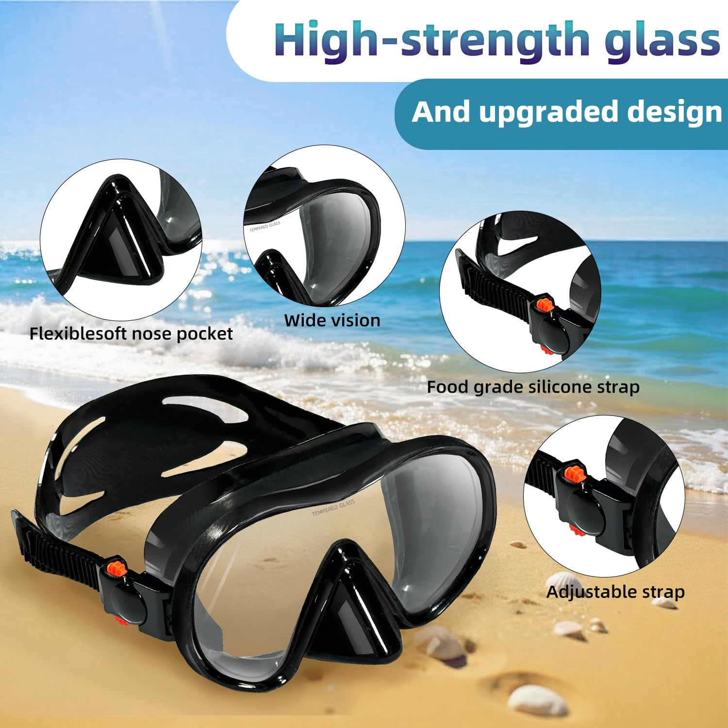M105 - Máscara de buceo panorámica HD de silicona, antivaho de 180°, gafas de buceo de vidrio templado, gafas de buceo para adultos y jóvenes, gafas de natación para buceo, esnórquel, natación con