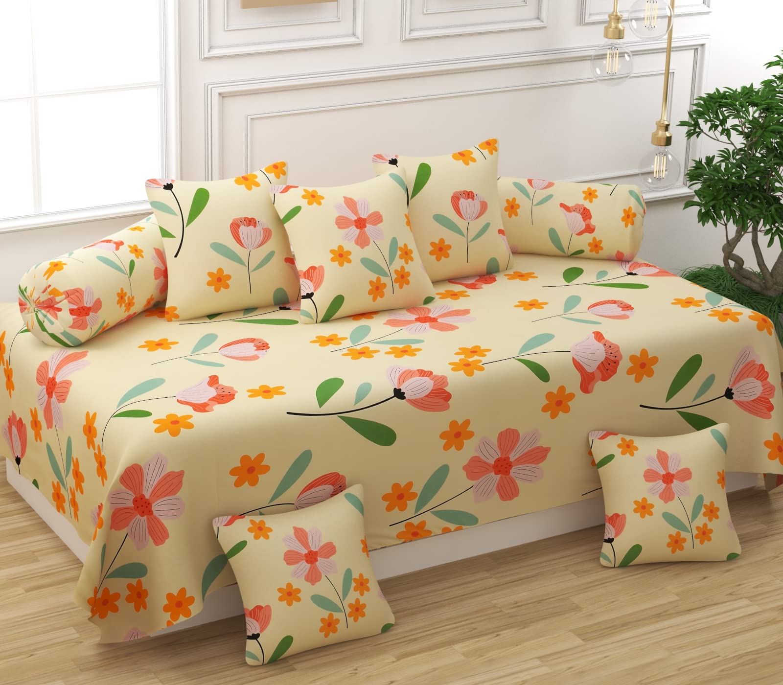 Super Soft Glace Cotton Spring Prints Diwan Set for Living Room, Diwan Set Covers Cotton, 8Pc- Pink Petals-image-32