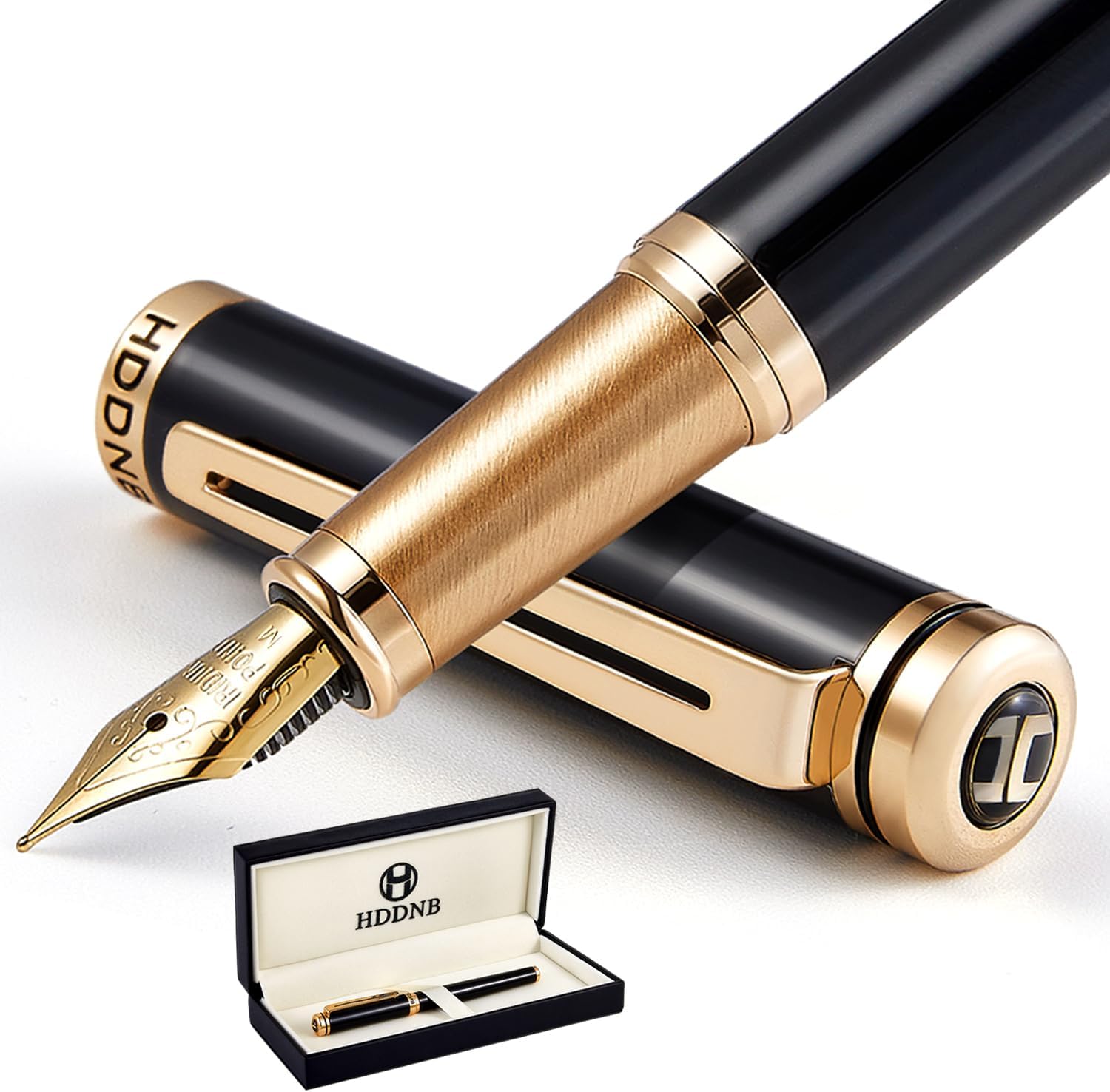Black Luxury Fountain Pen Sets for Men and Women with Gift Box, 24K Gold Finish and Gilded Nib(Medium) with 5 Black Ink Cartridges and Converter