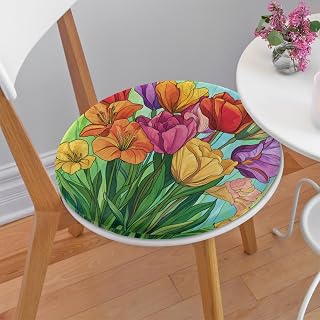 Floral Tulip Chair Cushions Colorful Flowers Seat Cushion Round Chair Pads with Non Slip Backing Soft Memory Foam Padding for Kitchen Dining Room Office Chairs Patio Indoor