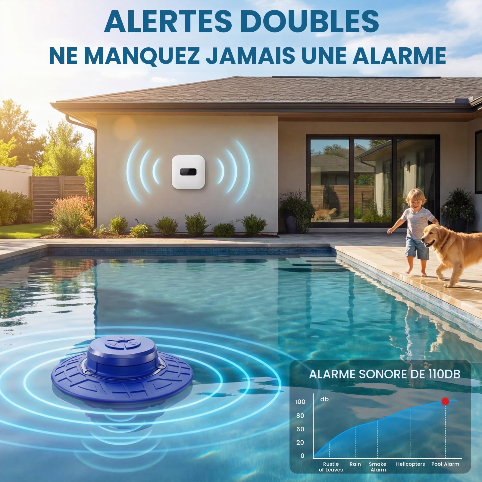 Alarme de piscine, alarme de sécurité flottante pour piscines creusées et hors sol, sirène de 110 dB étanche IP68, détection d'onde intelligente empêchant les fausses alertes, portée sans fil de 80 m