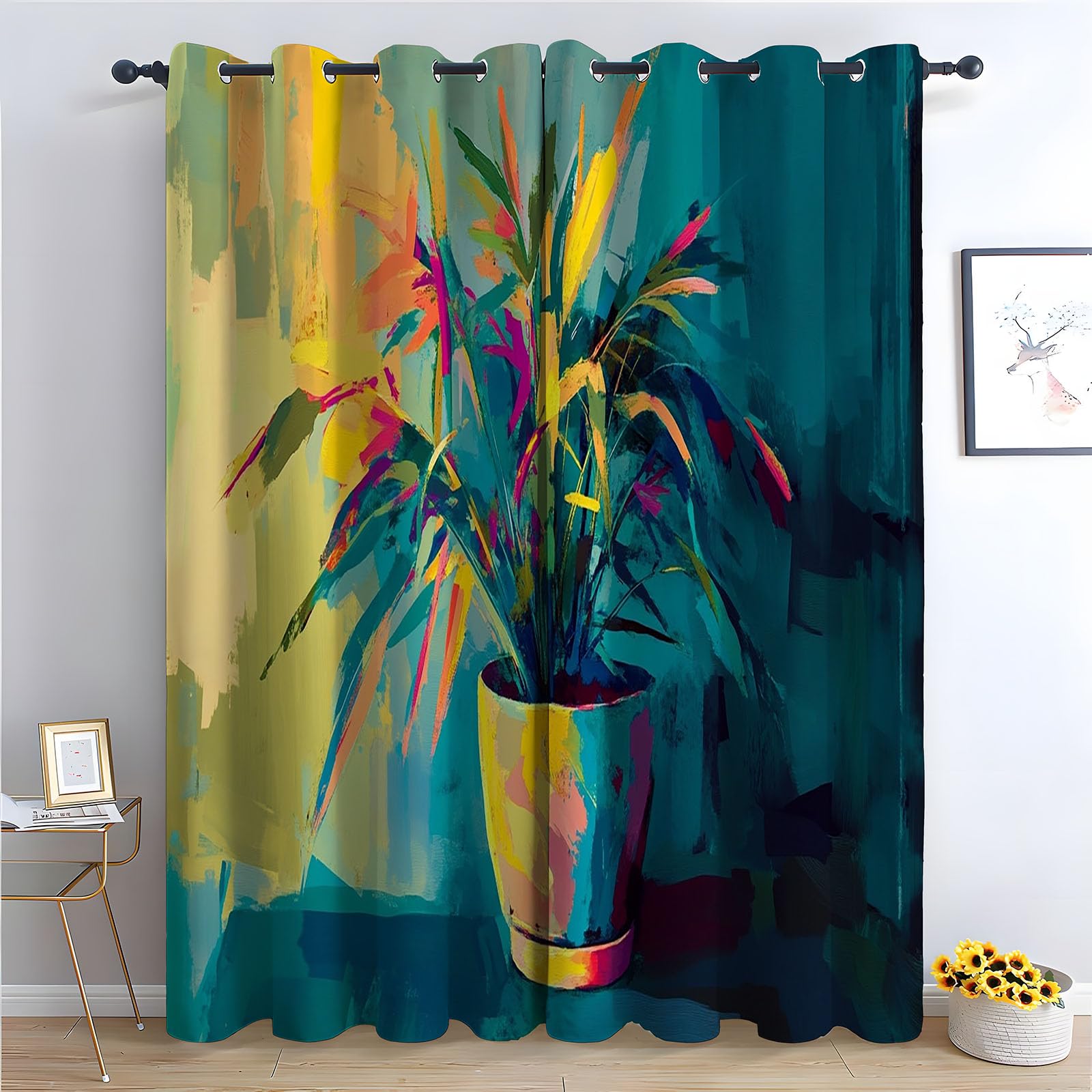 WIKEO Floral Curtains Abstract Minimalist Pattern - Botanical Pencil Pleated Drapes - for Bedroom Drop Eyelet Curtain, Thermal Insulated Blackout 2 Panels-52 W x 96" L (Pack of 2)