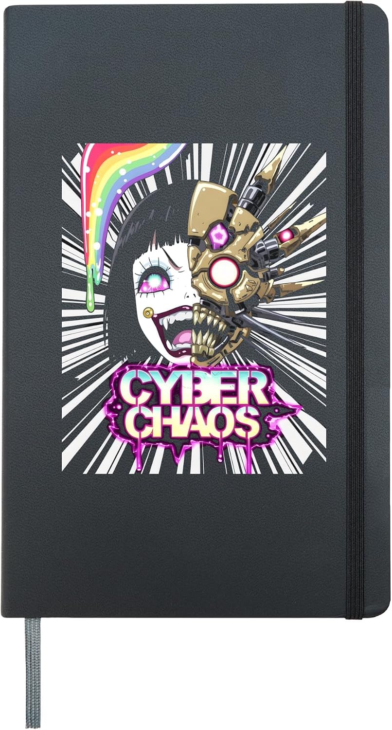 Vibrant Psychedelic Anime Girl Cyber Chaos Trippy Cyberpunk Hardcover Journal, Black