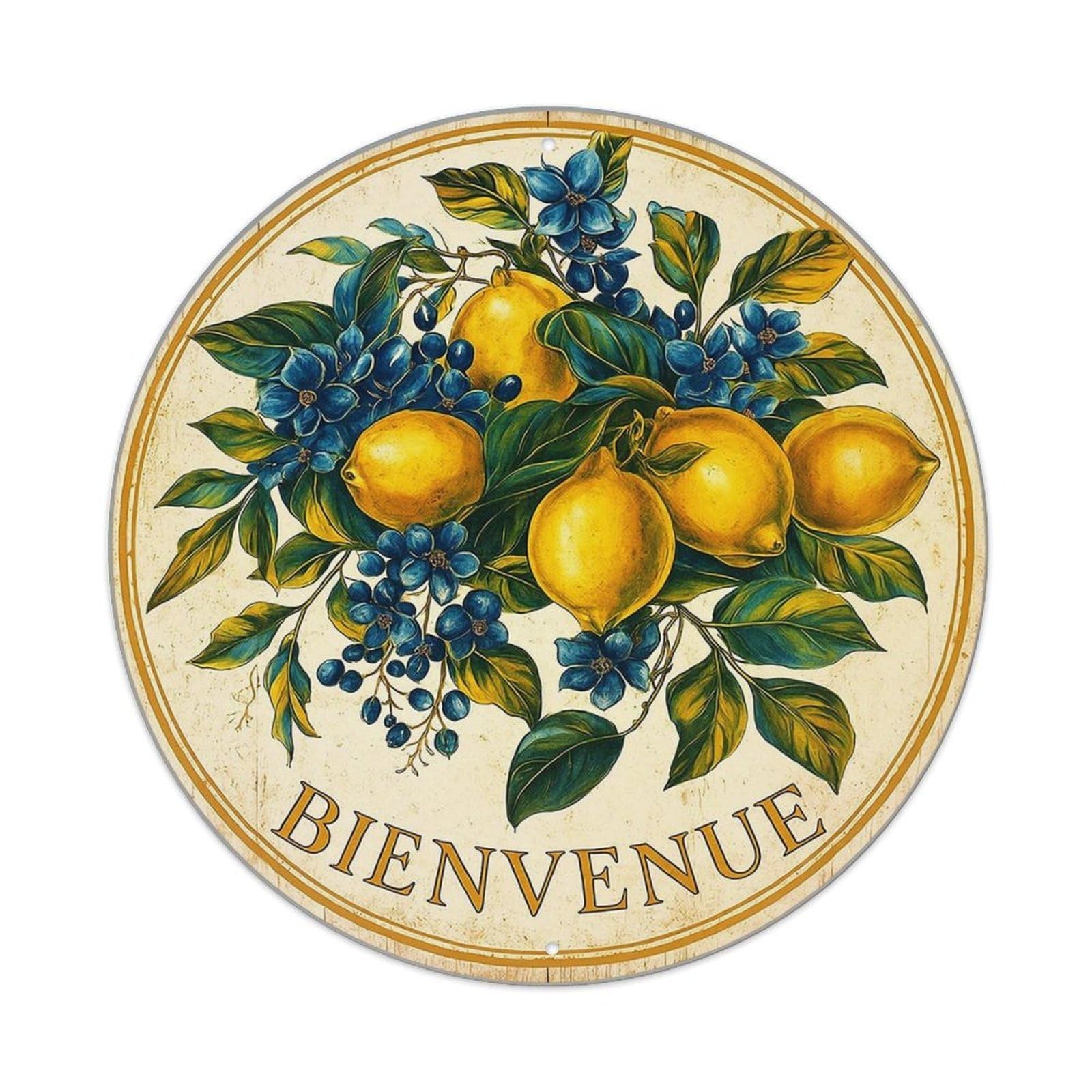 Lemon Blueberry Leaves Flowers Welcome Vintage Round Tin Sign Retro Metal Wall Decor Metal Poster, Home Bar Garage Cafe Wall Art Decoration 8x8Inches