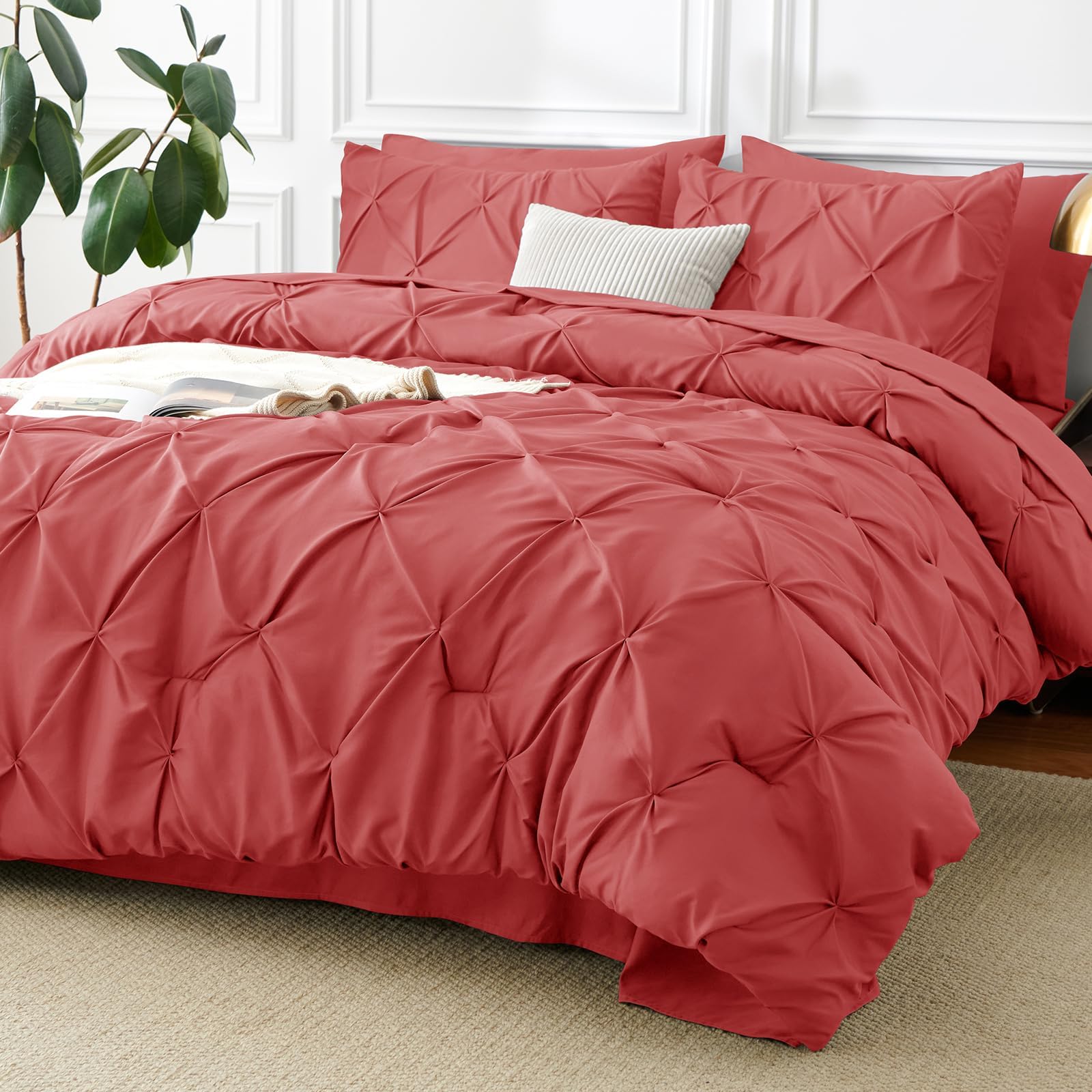 CozyLux Queen Comforter Set Coral, 7 Pieces Pintuck Bed in A Bag, All Season Comforter Queen Size, Bed Set Gift for Family, Pinch Pleat Bedding Sets with Comforter, Sheets, Pillowcases & Shams