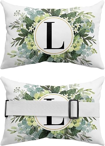 Miniatura 2 de Anzona Paquete de 2 fundas de almohada lumbares con hojas de eucalipto, monograma de letra L para exteriores, impermeables, para exteriores, fundas