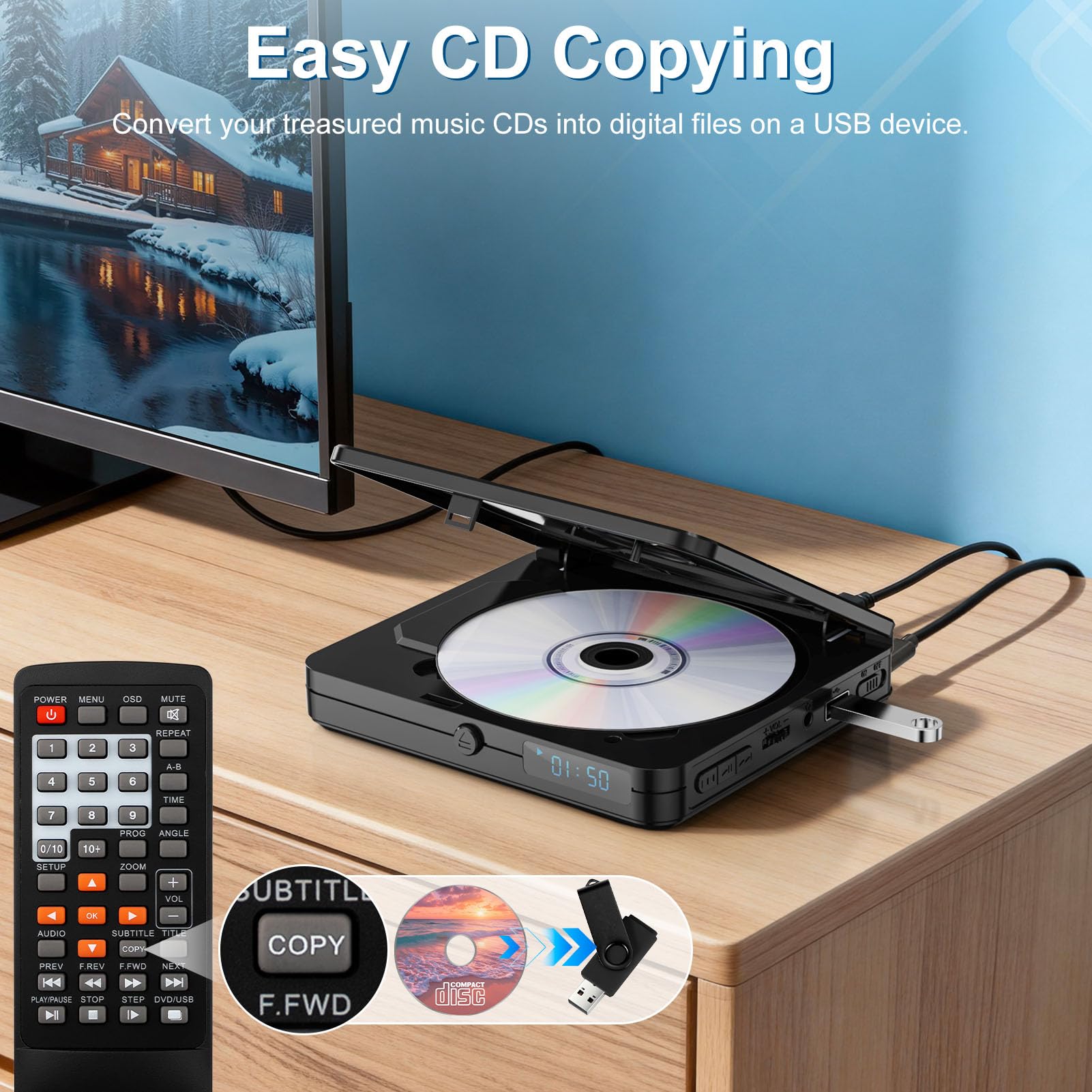 Mini Reproductor de DVD con Control Remoto, Reproductor de CD y DVD Compacto 1080P HD para Smart TV y proyector, Cuenta con Salida HDMI, Conector para Auriculares, Entrada USB 2.0, Soporte PAL