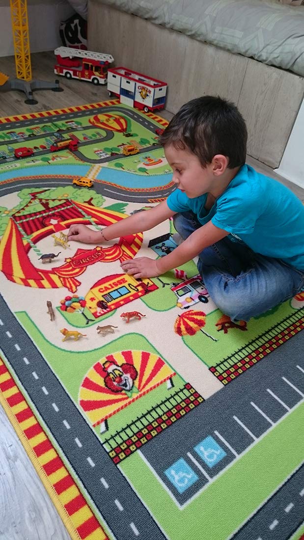 Zirkus Kinderteppich - 130 x 200 cm | Straßenspielmatte mit Zirkus | Zirkuswelt Kinderzimmermatte | rutschfest, Saum | CE-Normen