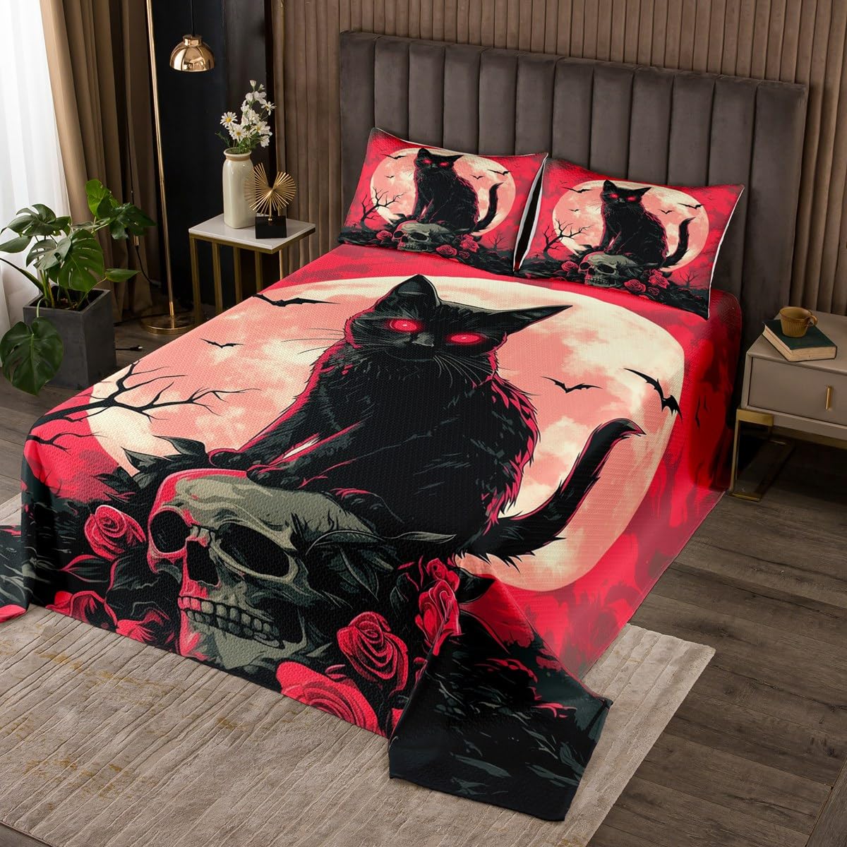 Manfei Cat Bedspread Twin Size, Gothic Skull Rose Flower Coverlet Set, Halloween Theme Quilted Coverlet with 1 Pillowcase, Kids Boys Teens Room Decor, Soft Polyester Bedding Quilt