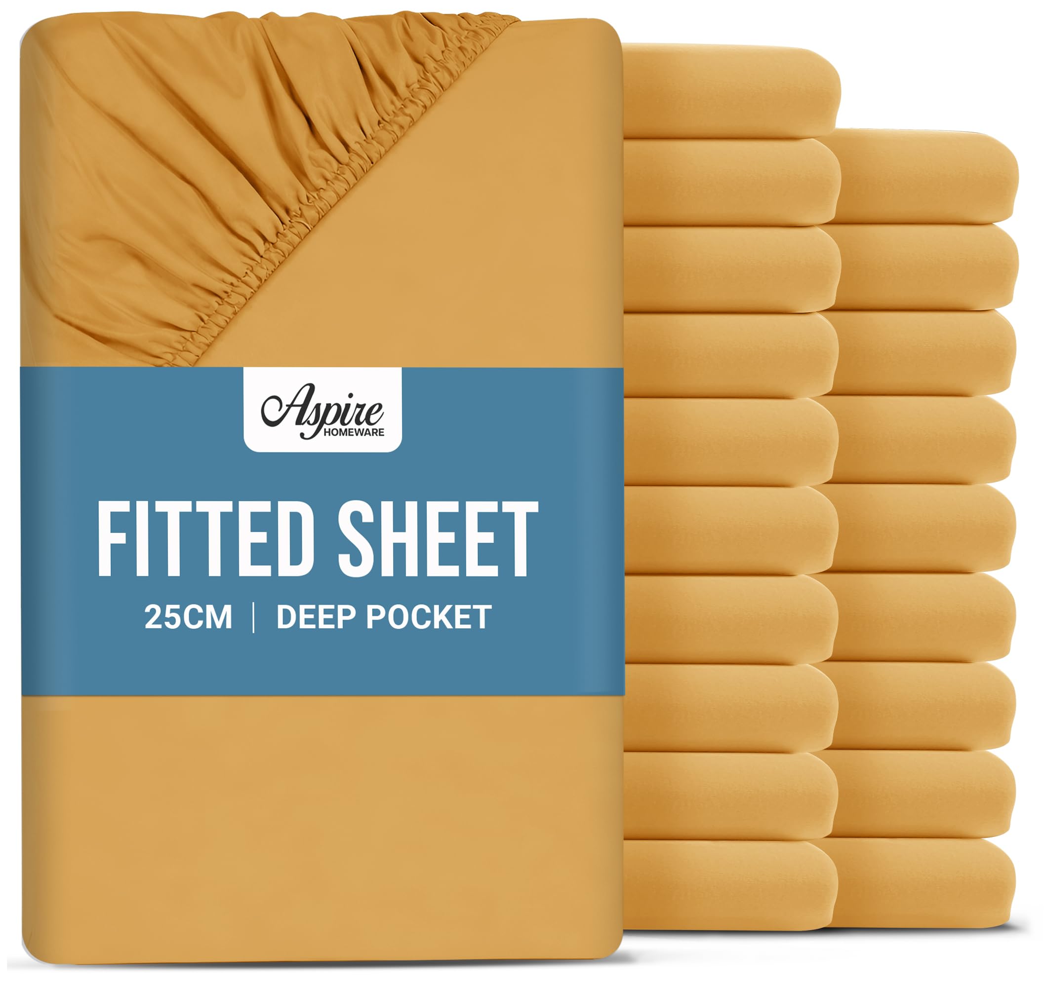 Aspire Homeware Single Fitted Sheet 20 Pack - 25 cm Deep Hotel Quality (Ochre) Bed Sheets - Soft & Breathable Fitted Sheet Single Bed - Anti-Wrinkle Easy Care Fitted Sheets — image 1