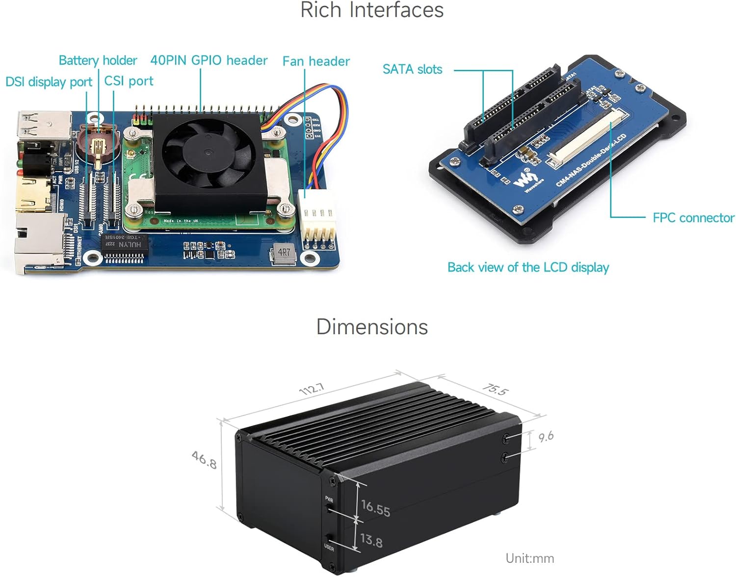 Waveshare Network Attached Storage All-In-One Mini-Computer, Compatible with Raspberry Pi Compute Module 4, Personal Network Storage Server, Including CM4104008 Module