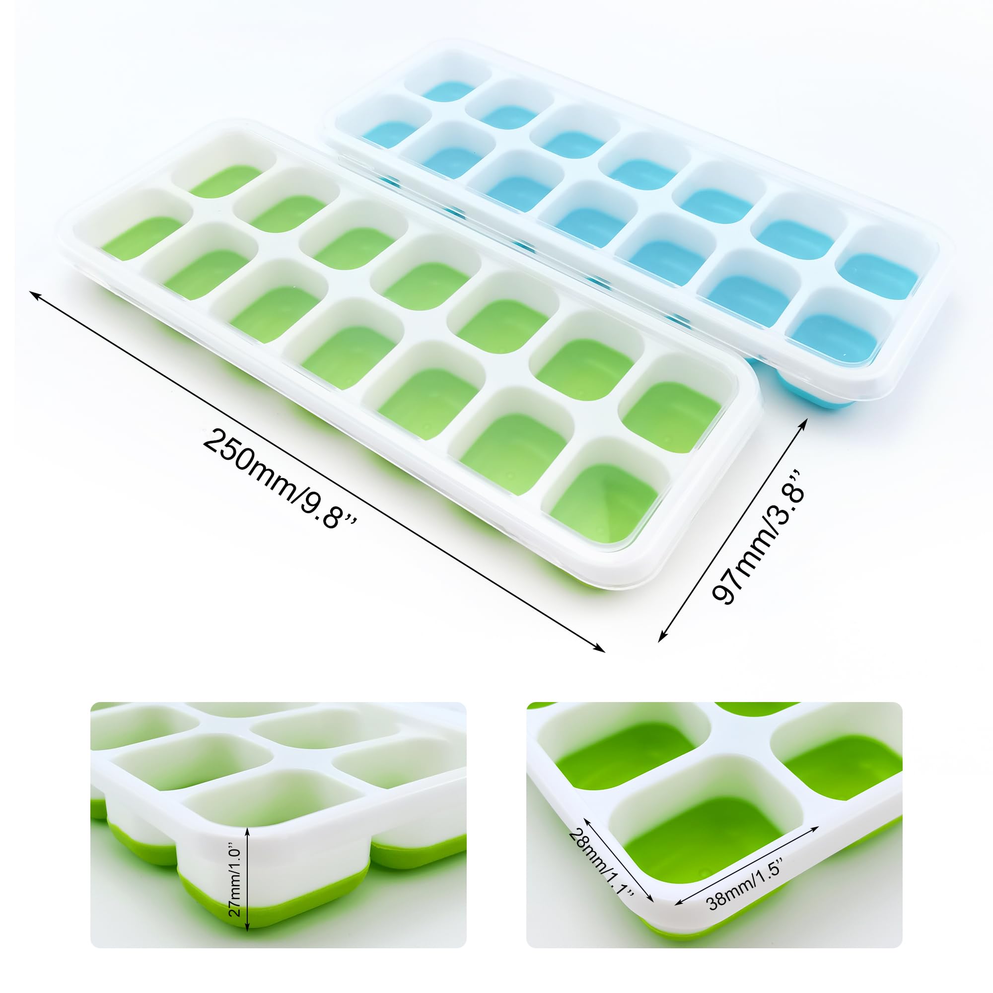 2 bandejas para cubitos de hielo con tapas, 14 moldes para cubitos de hielo, bandejas de hielo reutilizables de silicona de fácil liberación para cócteles, café, bebidas (verde, azul) 4