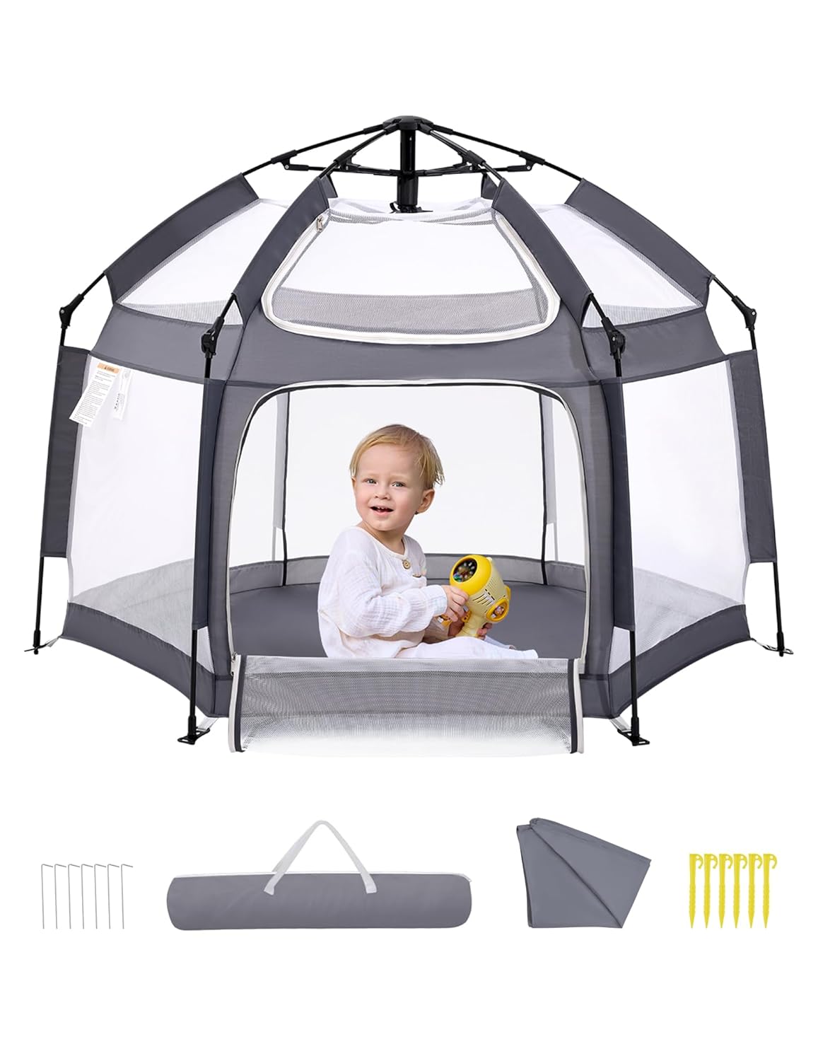 Babelio Outdoor Baby Playpen, Foldable Pop Up Playpen for Babies and Toddlers with Canopy, Portable Baby Beach Tent, Travel/Nap, Sun Protection, One-Touch Storage- Grey
