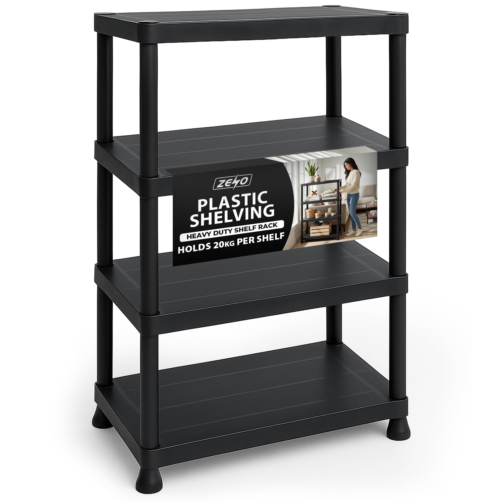 ZENO Plastic Shelving Unit 4 Tier | Storage Shelves 80KG Total Load Capacity | Plastic Shelving for Home Garage, Kitchen, Shed and Workshop | Heavy Duty Stable Frame | Easy Tool Free Assembly