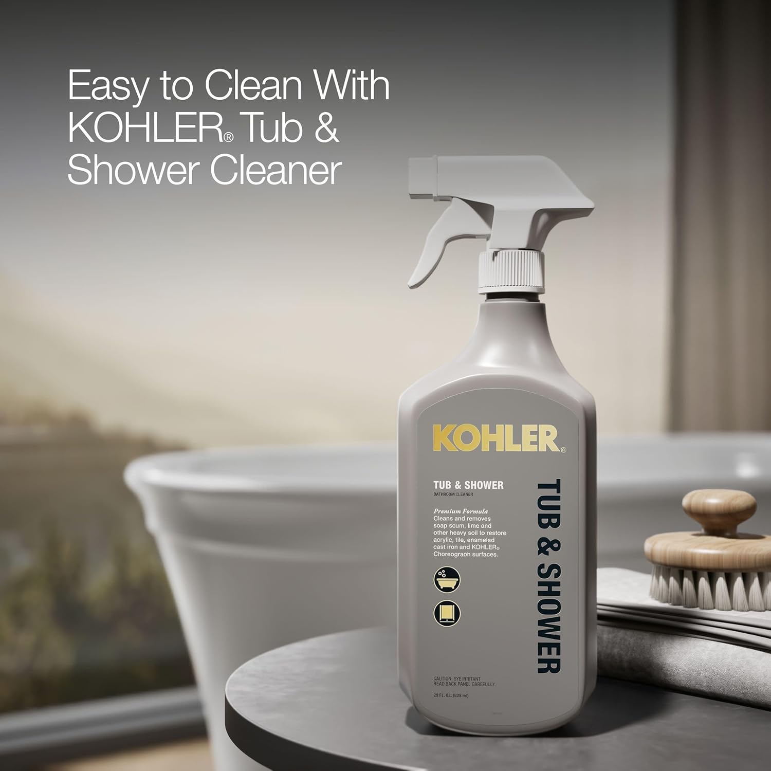 Kohler Tub & Shower Cleaner bottle next to a bathtub