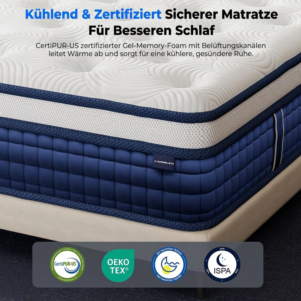 HOMRELEXA Taschenfederkernmatratze 90x200 H3, 26 cm Hybridmatratze mit Gel-Viscoschaum, 7-Zonen Orthopädische Matratze, Atmungsaktiv, Druckentlastend, Kantenverstärkt, Oeko-TEX & CertiPUR