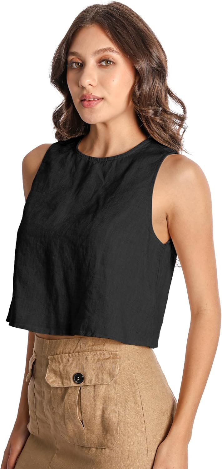 Women 100% Linen Tank Top Cropped Sleeveless Round Neck Casual Pure Linen Tops - Image 2