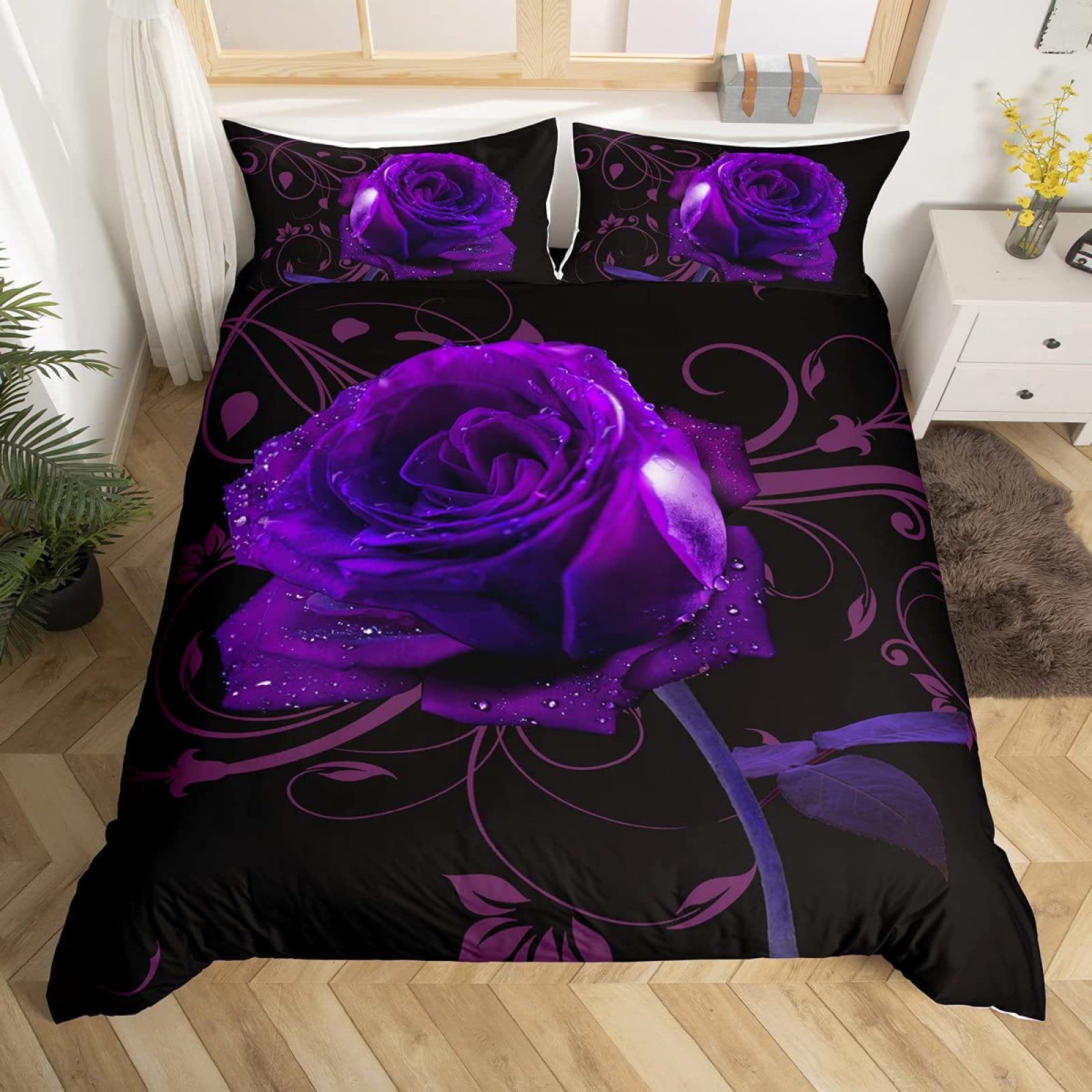 Housse de couette 90x190 enfant fleur mauve microfibre 110g parure de lit ado fille garçon