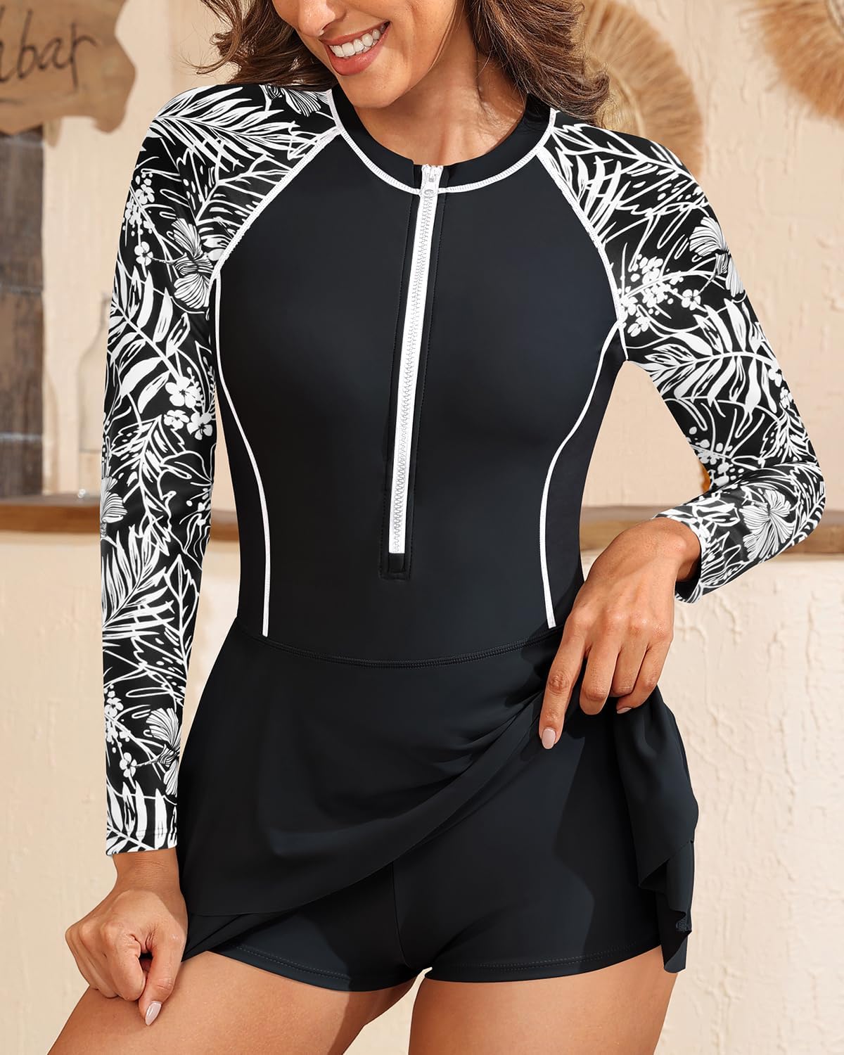 Daci Women Long Sleeve One Piece Rash Guard Modest Swimsuits Dress Zipper Bathing Suit Skirt with Short UPF 50+