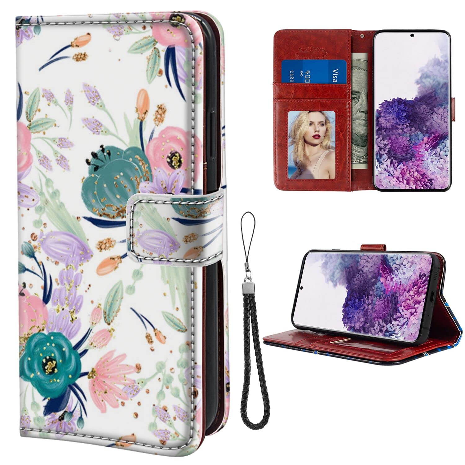 GackCase Case Compatible with iPhone 11 Pro Max (2019) 6.5 Inch with Pink Green Flowers Stand Support Wristband Credit Card Slots Side Cash Pocket Magnetic Buckle PU Leather Flip Cover