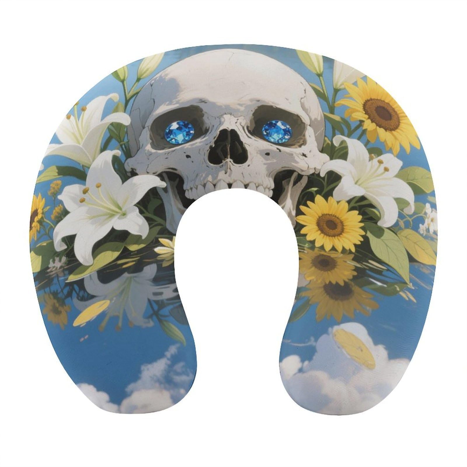VstaDank Human Skull Flowers Leaves Neck Pillow Soft Comfortable Travel U Shaped Pillows Portable Pillows for Shoulder Memory Foam Head Support Pillow for Airplane Car Home Office
