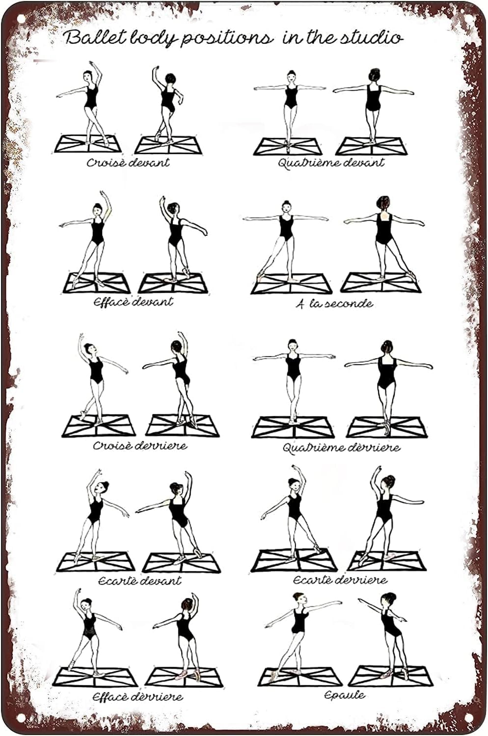 Anceky Ballet Body Positions In The Studio Poster Ballet Vintage Metal Signs Knowledge Tin Sign Wall Art Decor Plaque for Home Dance Club Living Room Classroom 8x12 Inch