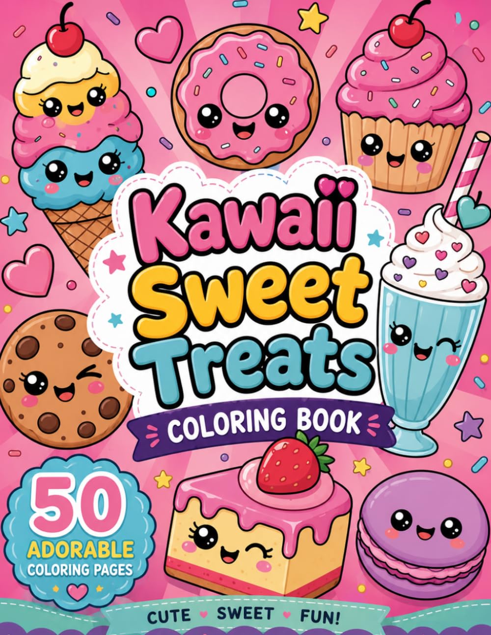 Kawaii Sweet Treats Coloring Book: 50 Cute Dessert Coloring Pages for Kids – Cupcakes, Donuts, Ice Cream, Candy & More